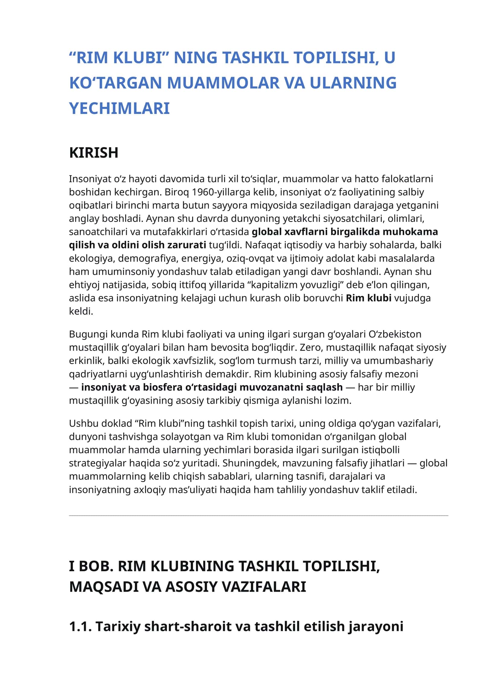 “RIM KLUBI” NING TASHKIL TOPILISHI, U KO‘TARGAN MUAMMOLAR VA ULARNING YECHIMLARI
