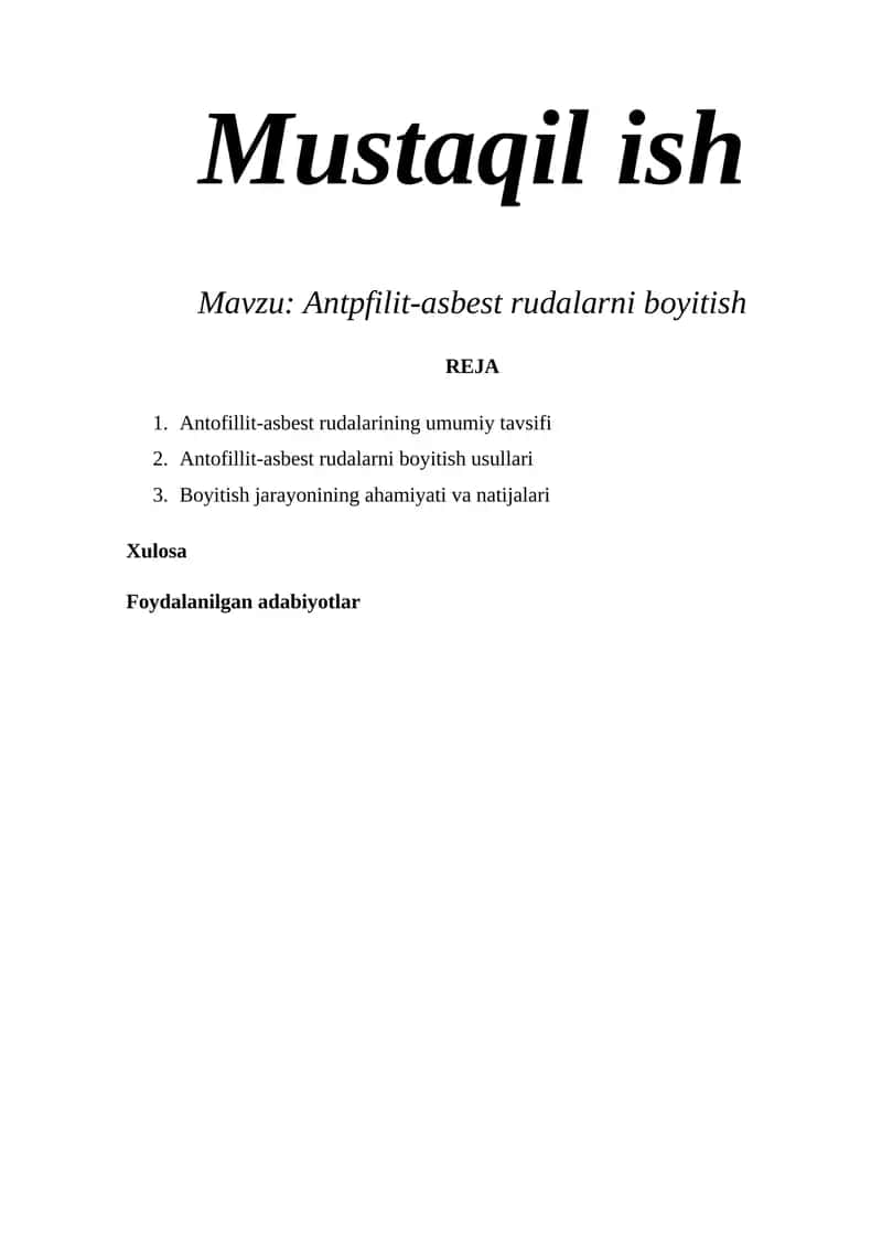 Antofillit-asbest rudalarini boyitish