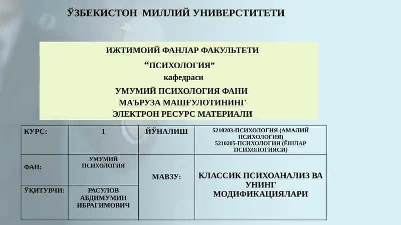 КЛАССИК ПСИХОАНАЛИЗ ВА УНИНГ МОДИФИКАЦИЯЛАРИ