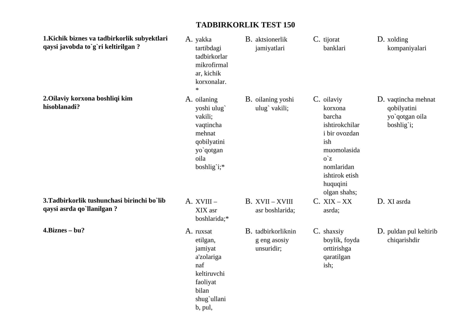 tadbirkorlik asoslari 150 ta