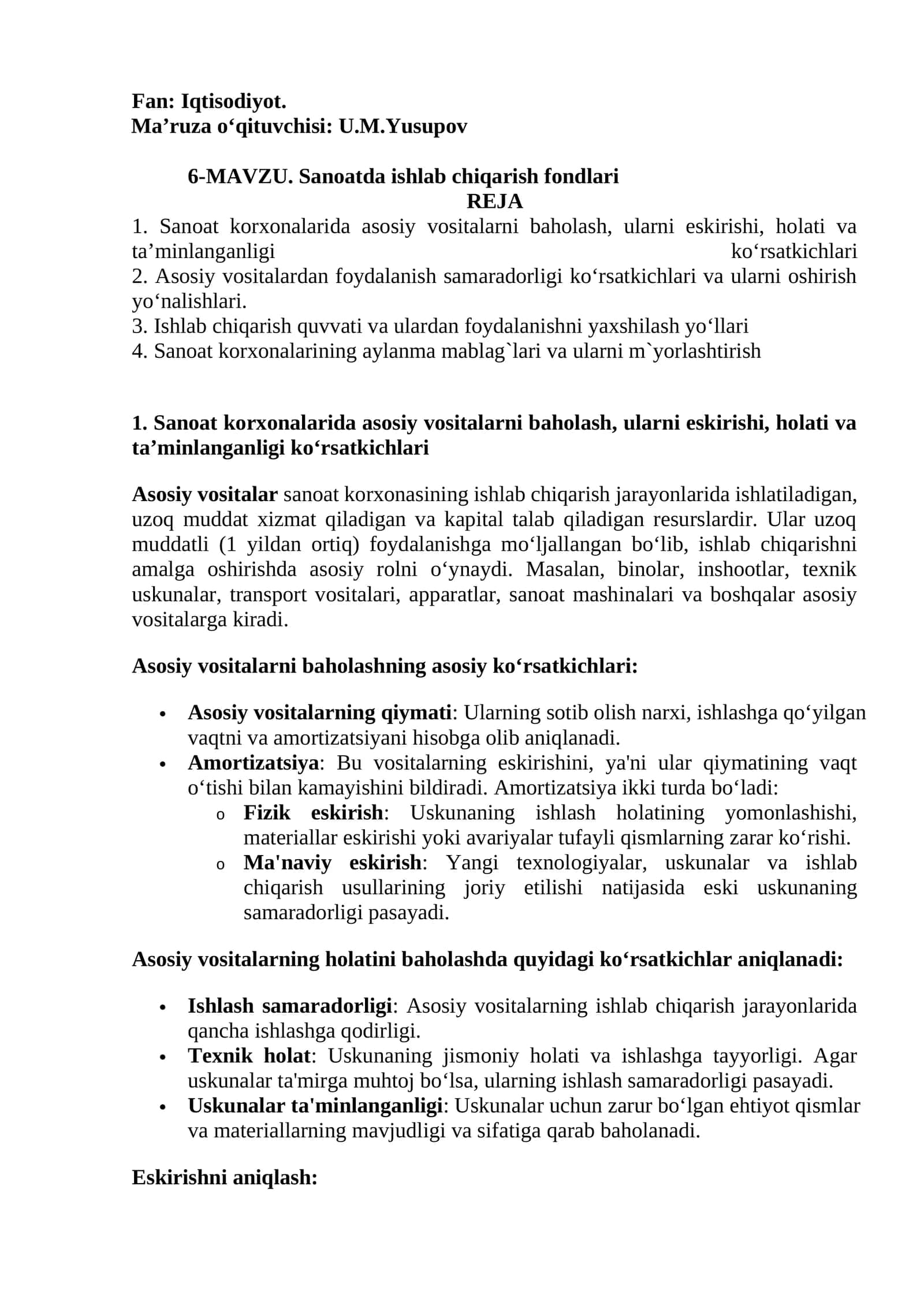 Sanoatda ishlab chiqarish fondlari