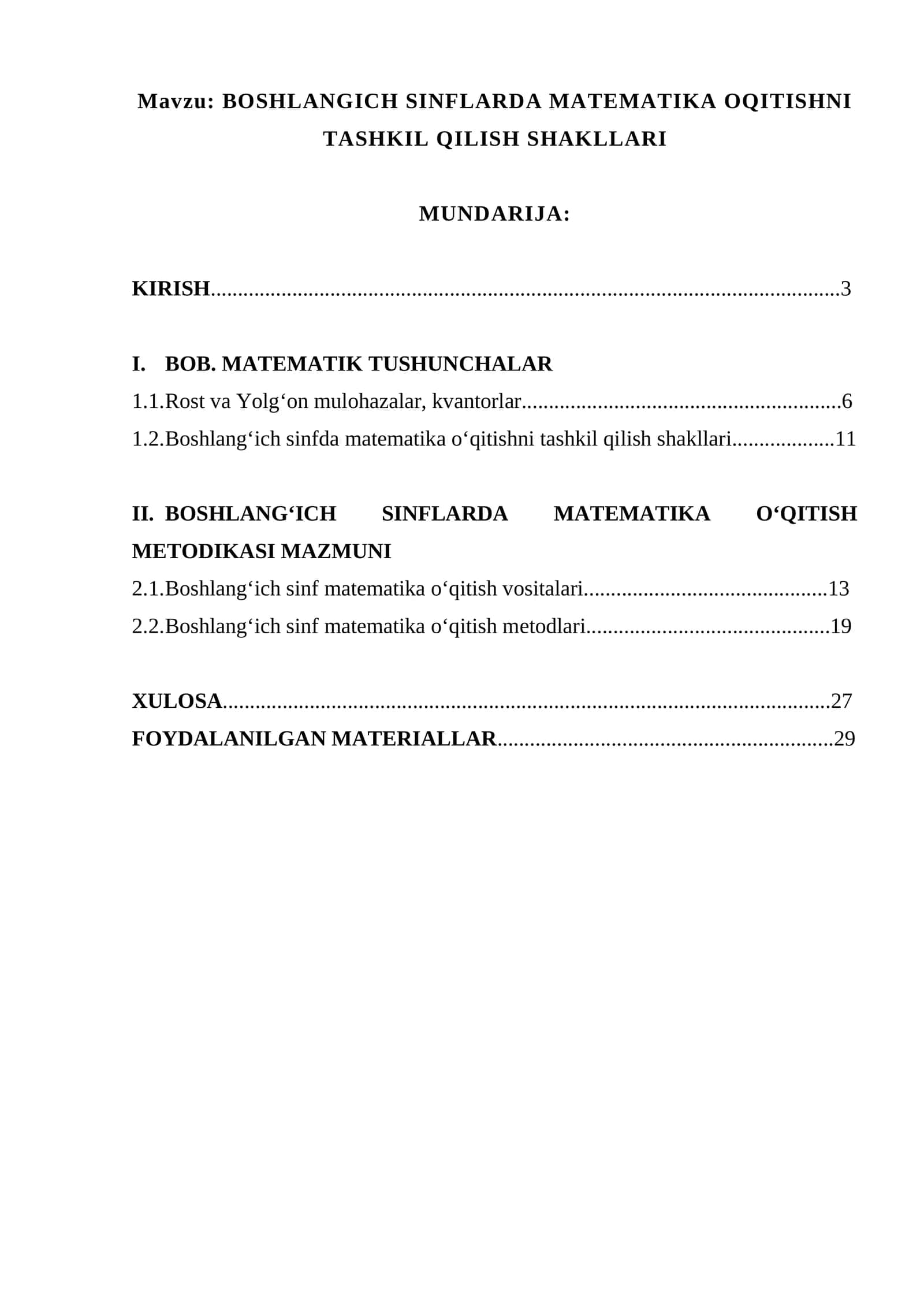 BOSHLANGICH SINFLARDA MATEMATIKA OQITISHNI TASHKIL QILISH SHAKLLARI