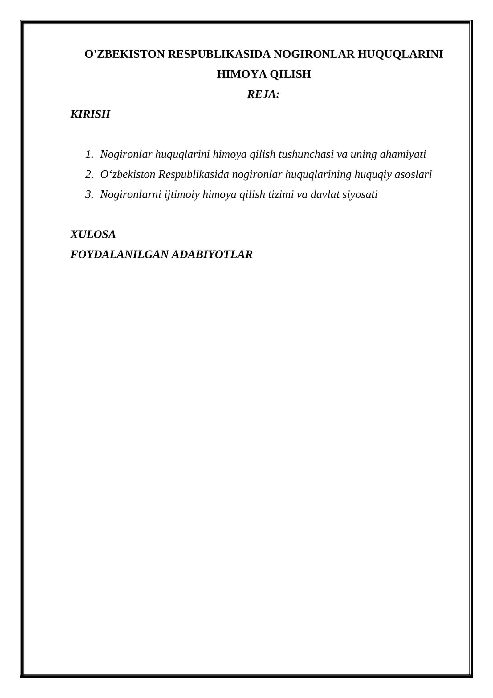 O'ZBEKISTON RESPUBLIKASIDA NOGIRONLAR HUQUQLARINI HIMOYA QILISH