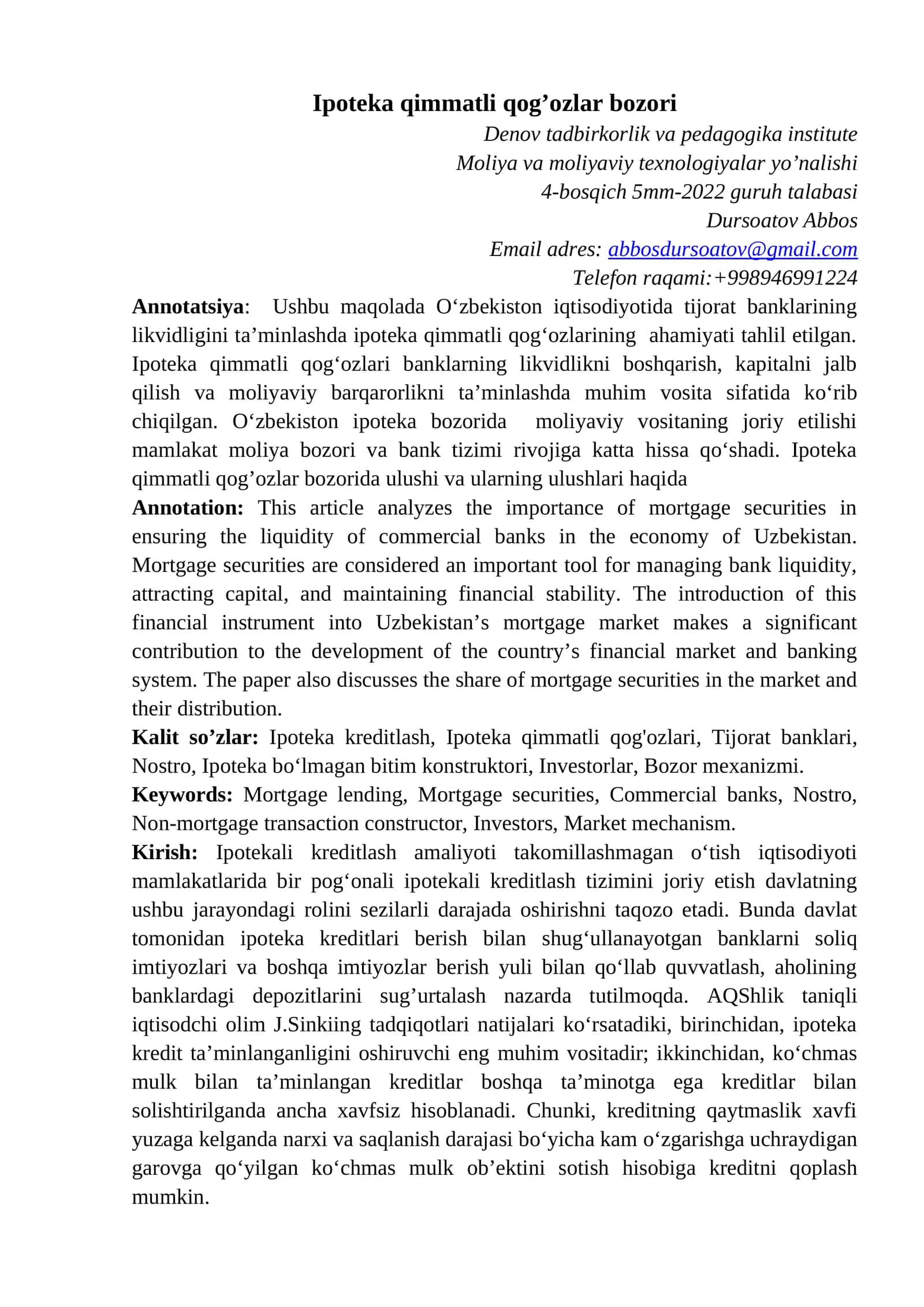 Ipoteka qimmatli qog’ozlar bozori