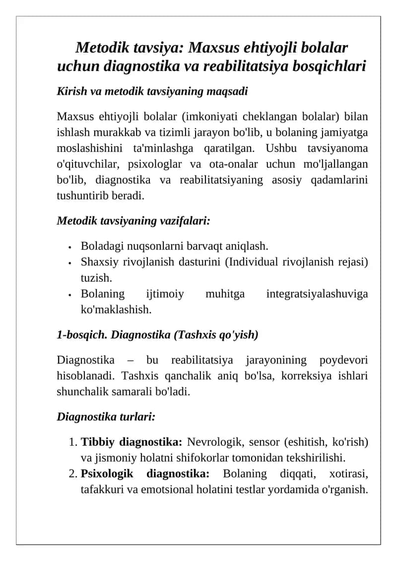 Metodik tavsiya: Maxsus ehtiyojli bolalar uchun diagnostika va reabilitatsiya bosqichlari