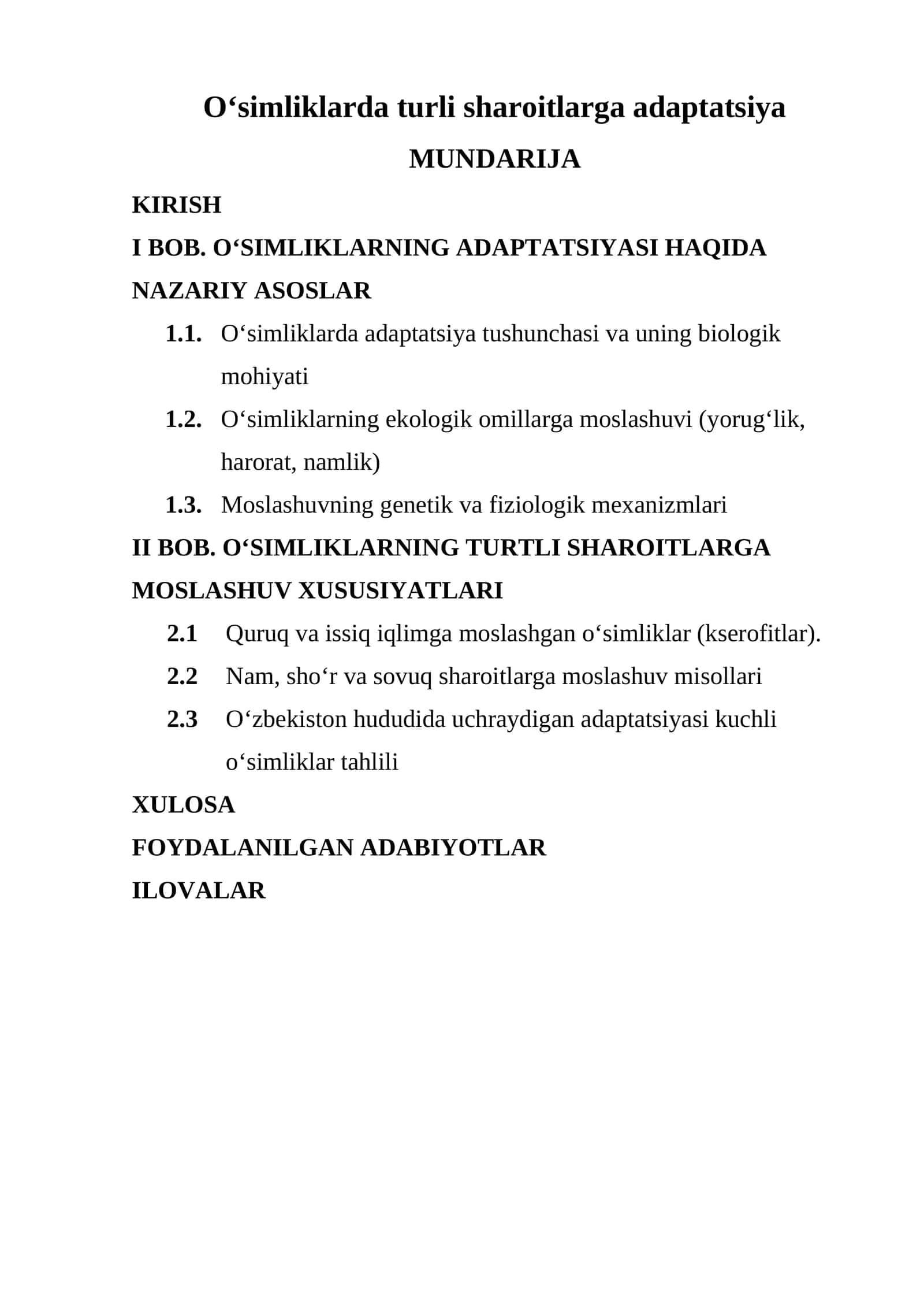 O‘simliklarda turli sharoitlarga adaptatsiya