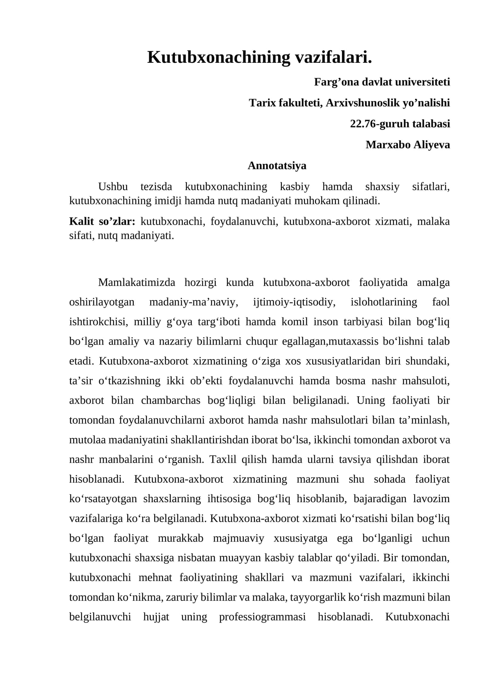 Kutubxonachining vazifalari