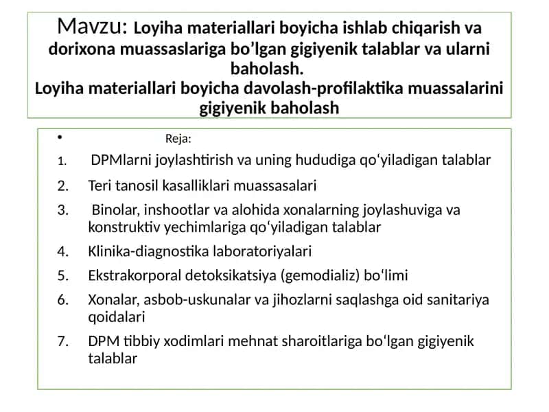Loyiha Materiallari va Muassasalarini Baholash