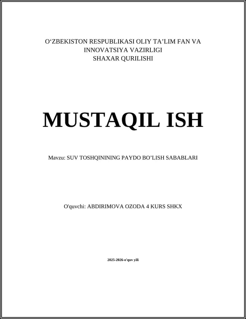 SUV TOSHQININING PAYDO BO’LISH SABABLARI