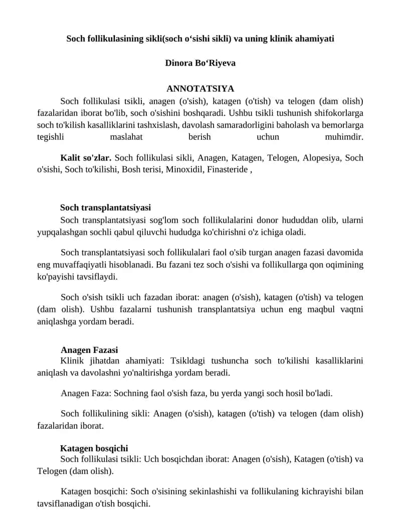 Soch follikulasining sikli(soch oʻsishi sikli) va uning klinik ahamiyati