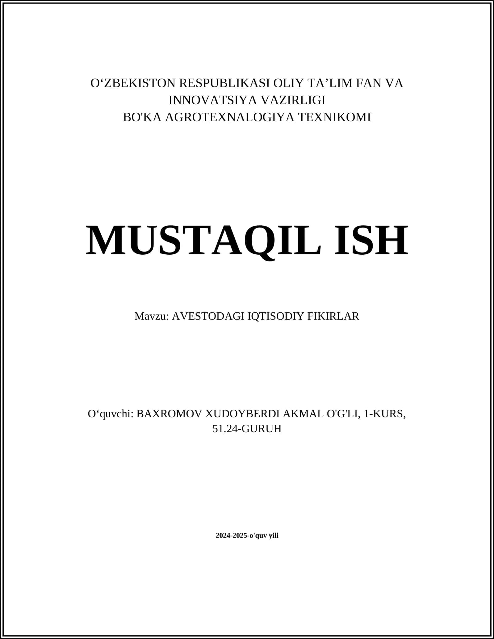 Avestodagi Iqtisodiy Fikrlar