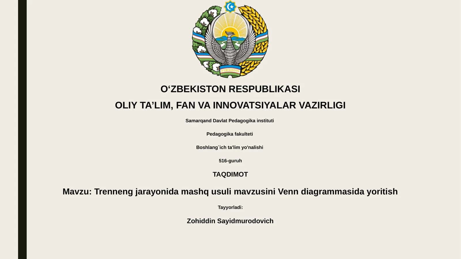 Trenneng jarayonida mashq usuli mavzusini Venn diagrammasida yoritish
