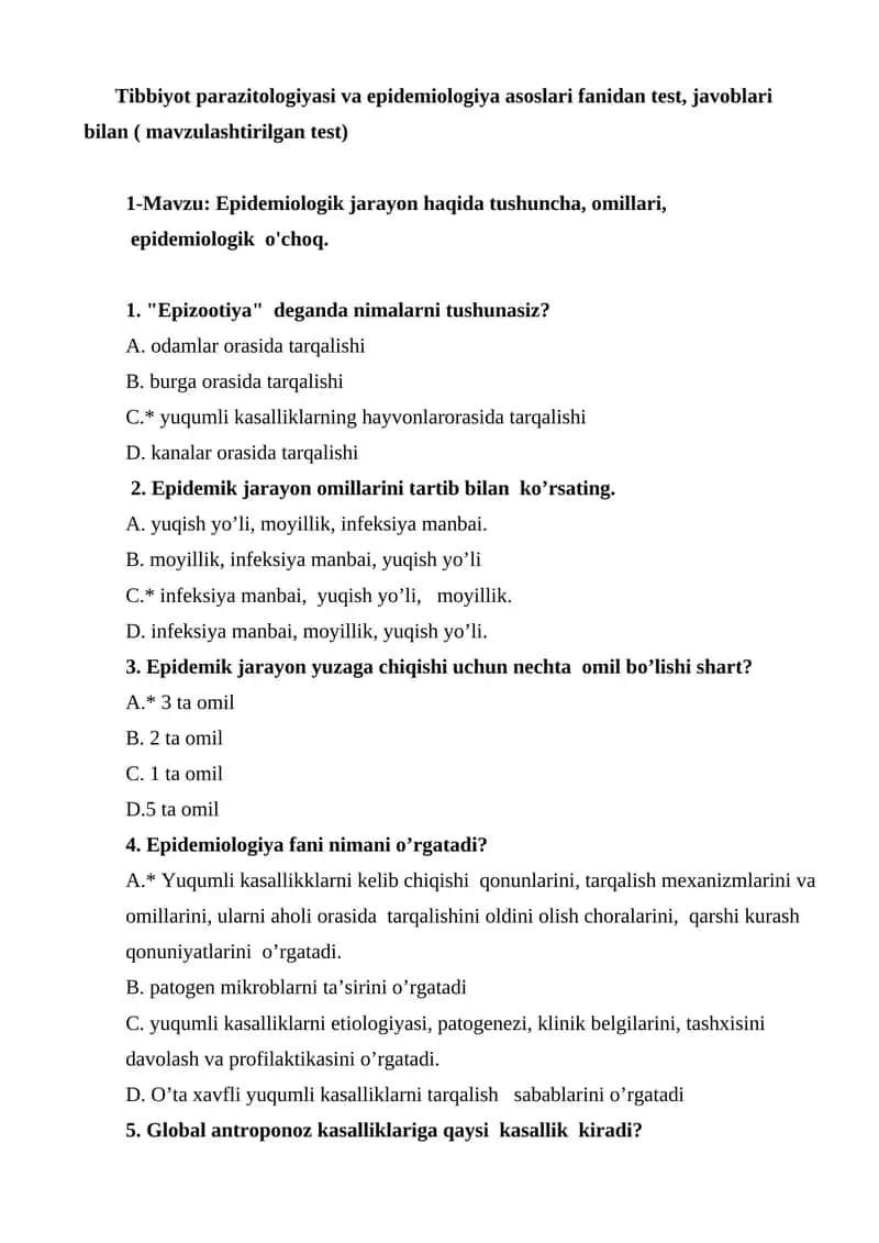 Tibbiyot parazitologiyasi va epidemiologiya asoslari fanidan test, javoblari bilan ( mavzulashtirilgan test)