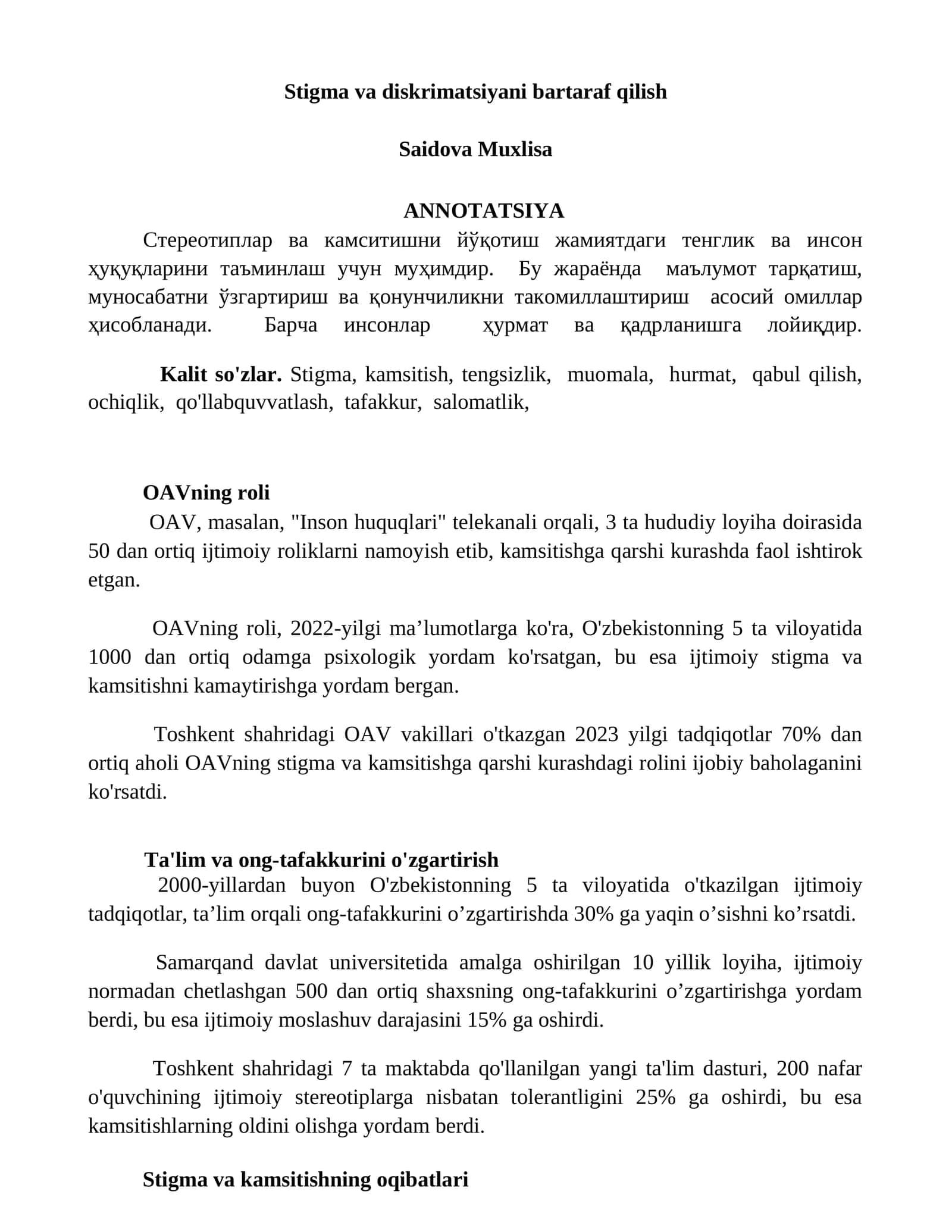 Stigma va diskrimatsiyani bartaraf qilish