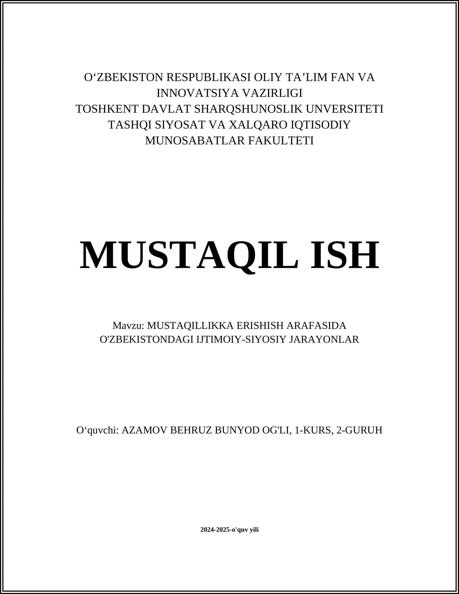 MUSTAQILLIKKA ERISHISH ARAFASIDA O'ZBEKISTONDAGI IJTIMOIY-SIYOSIY JARAYONLAR