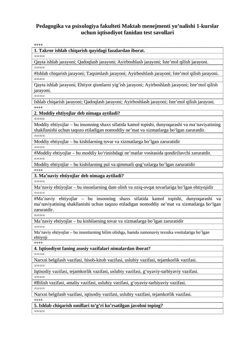 Maktab menejmenti yo’nalishi 1-kurslar uchun iqtisodiyot fanidan test savollari
