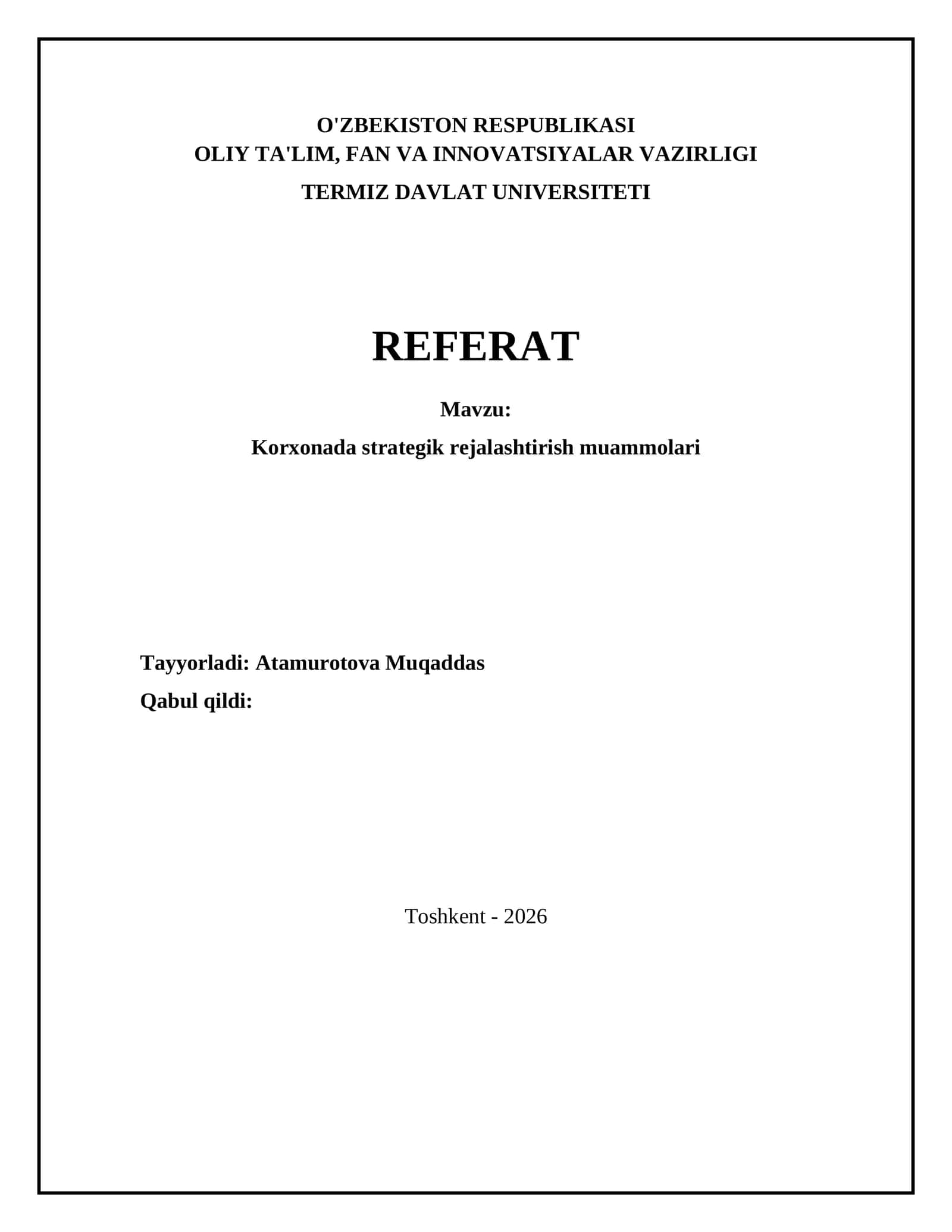 Korxonada strategik rejalashtirish muammolari