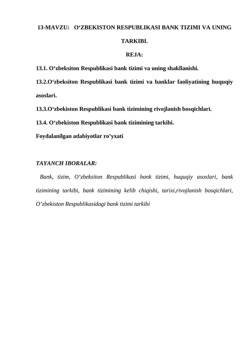 OʻZBEKISTON RESPUBLIKASI BANK TIZIMI VA UNING TARKIBI