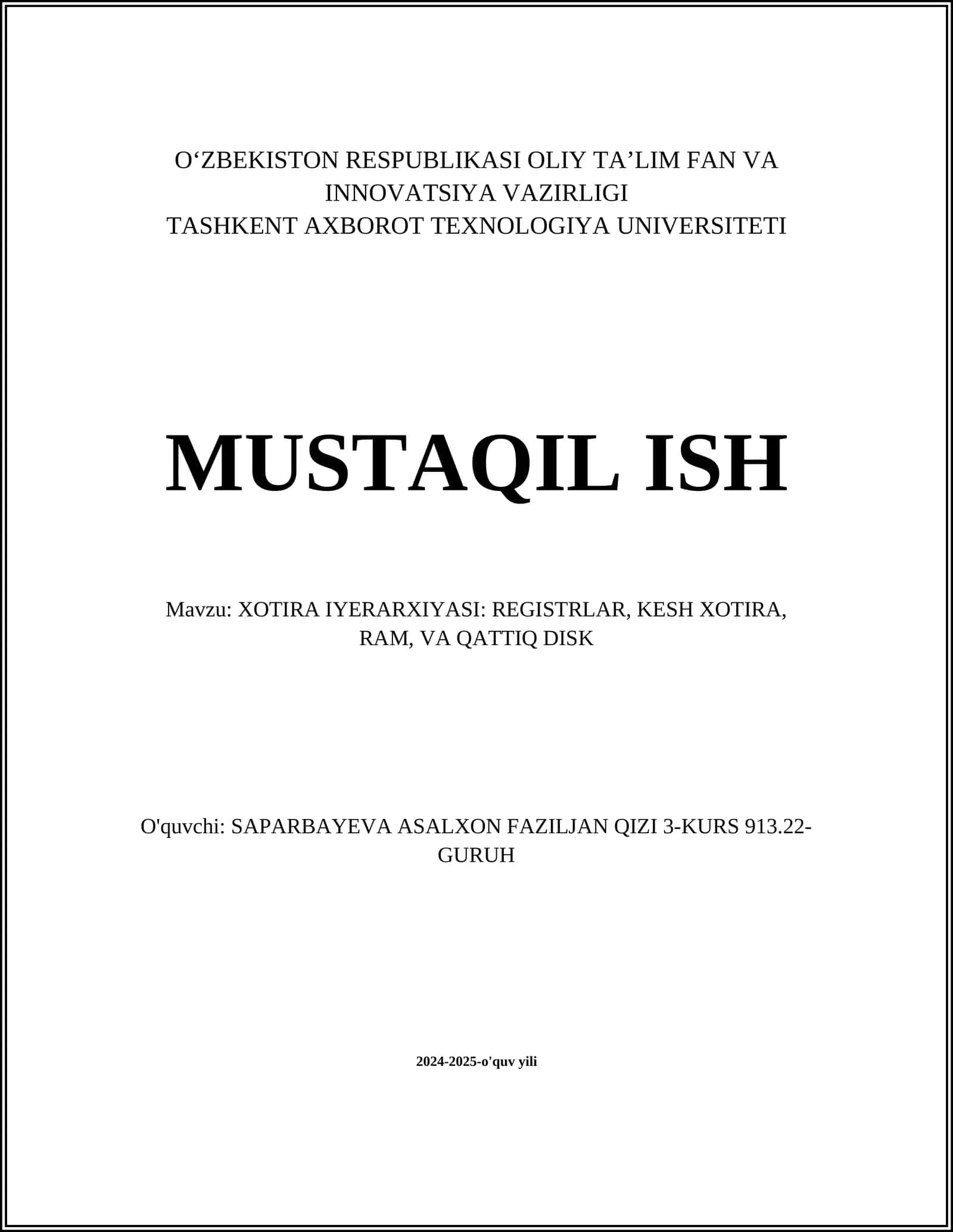 Xotira iyerarxiyasi: Registrlar, kesh xotira, RAM, va qattiq disk