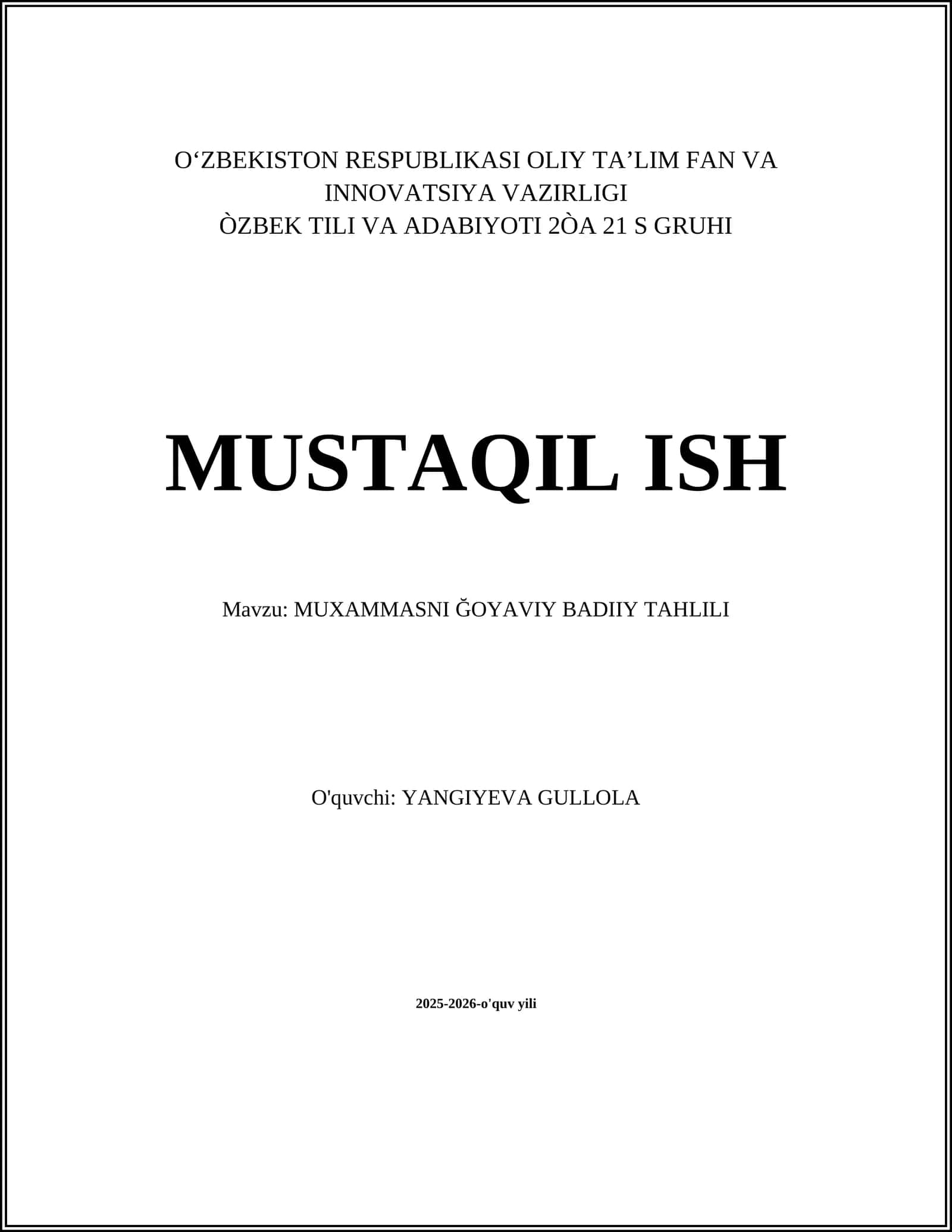 MUXAMMASNI ĞOYAVIY BADIIY TAHLILI