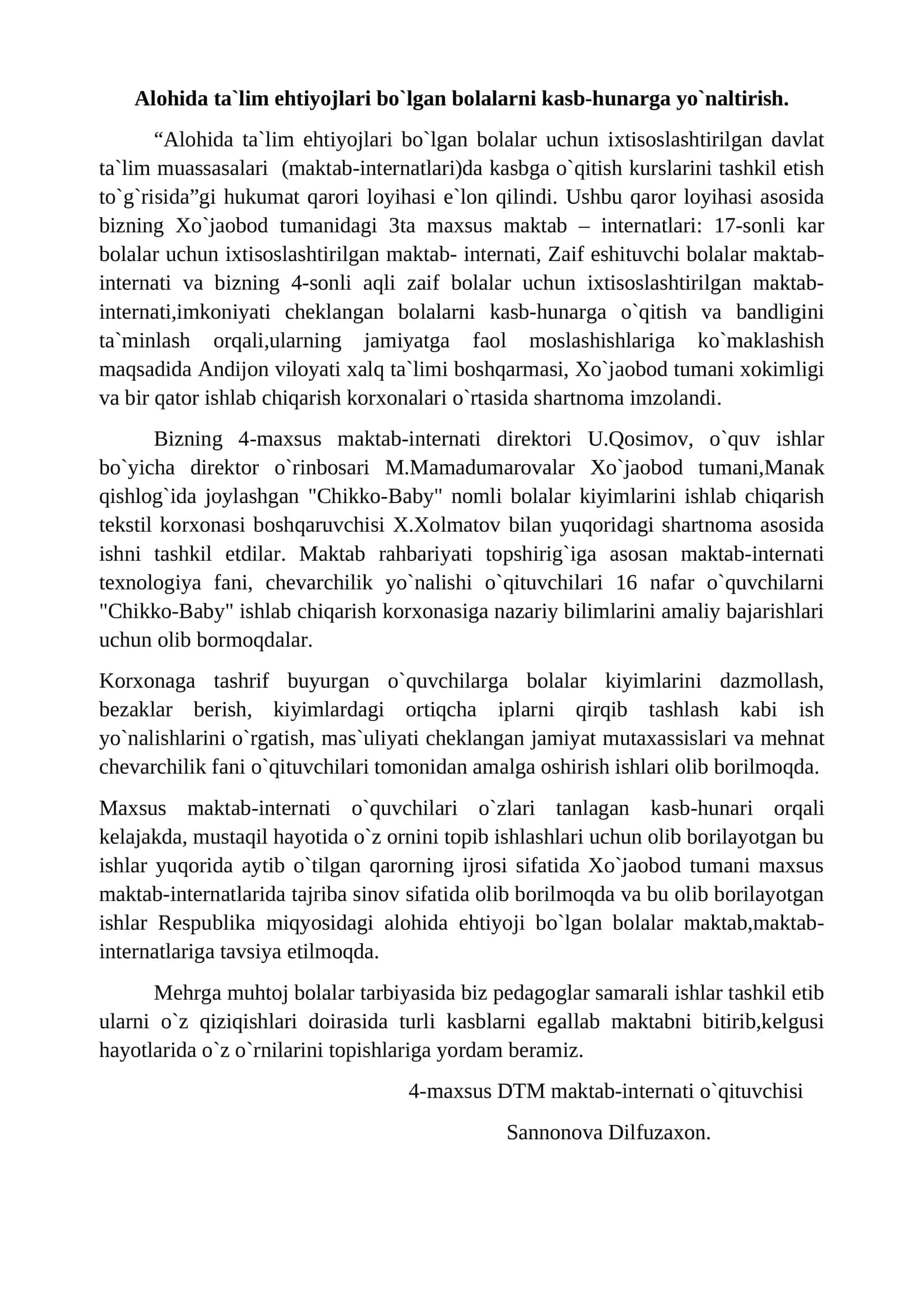 Alohida ta`lim ehtiyojlari bo`lgan bolalarni kasb-hunarga yo`naltirish