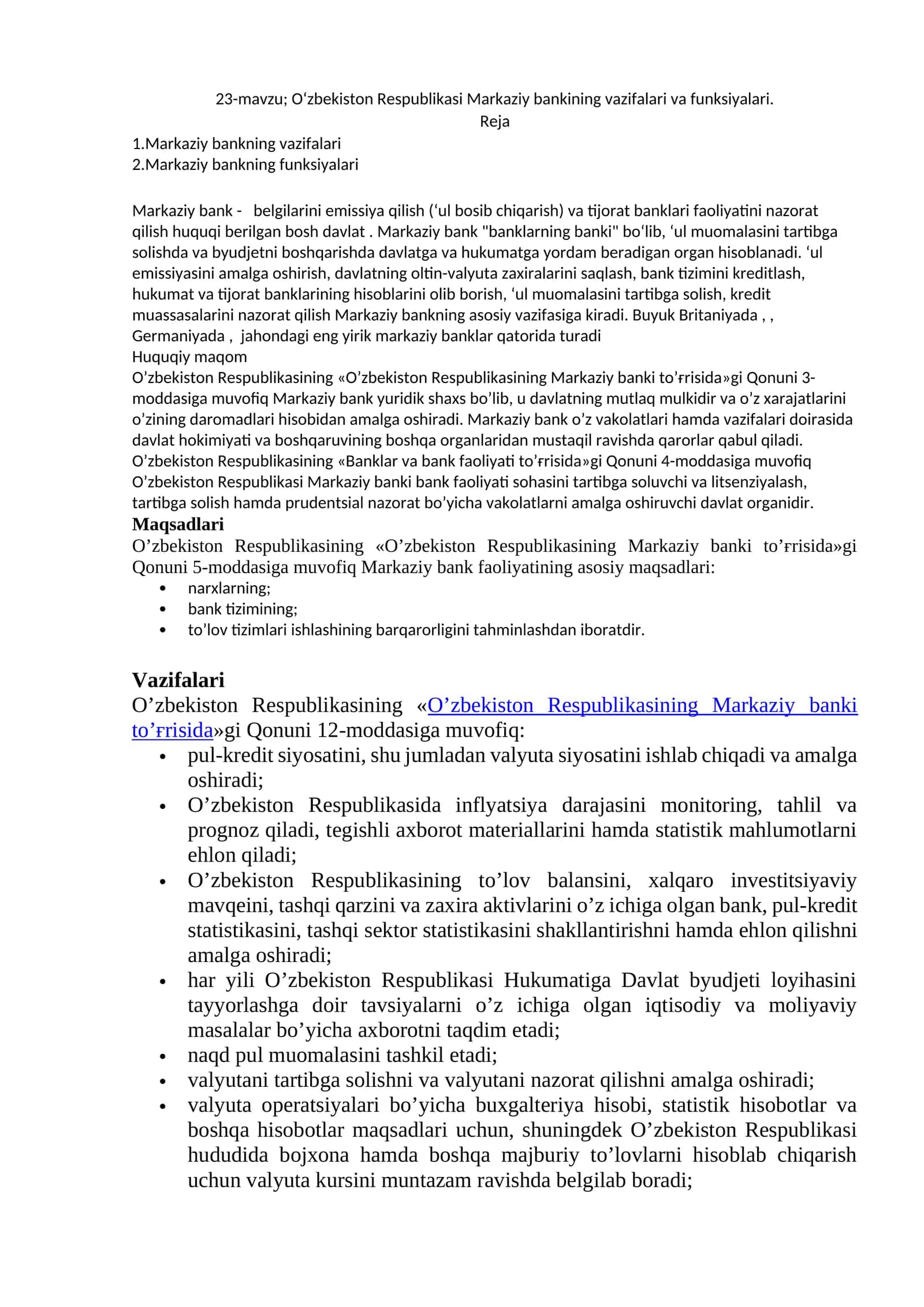 O‘zbekiston Respublikаsi Mаrkаziy bаnkining vаzifаlаri va funksiyalari
