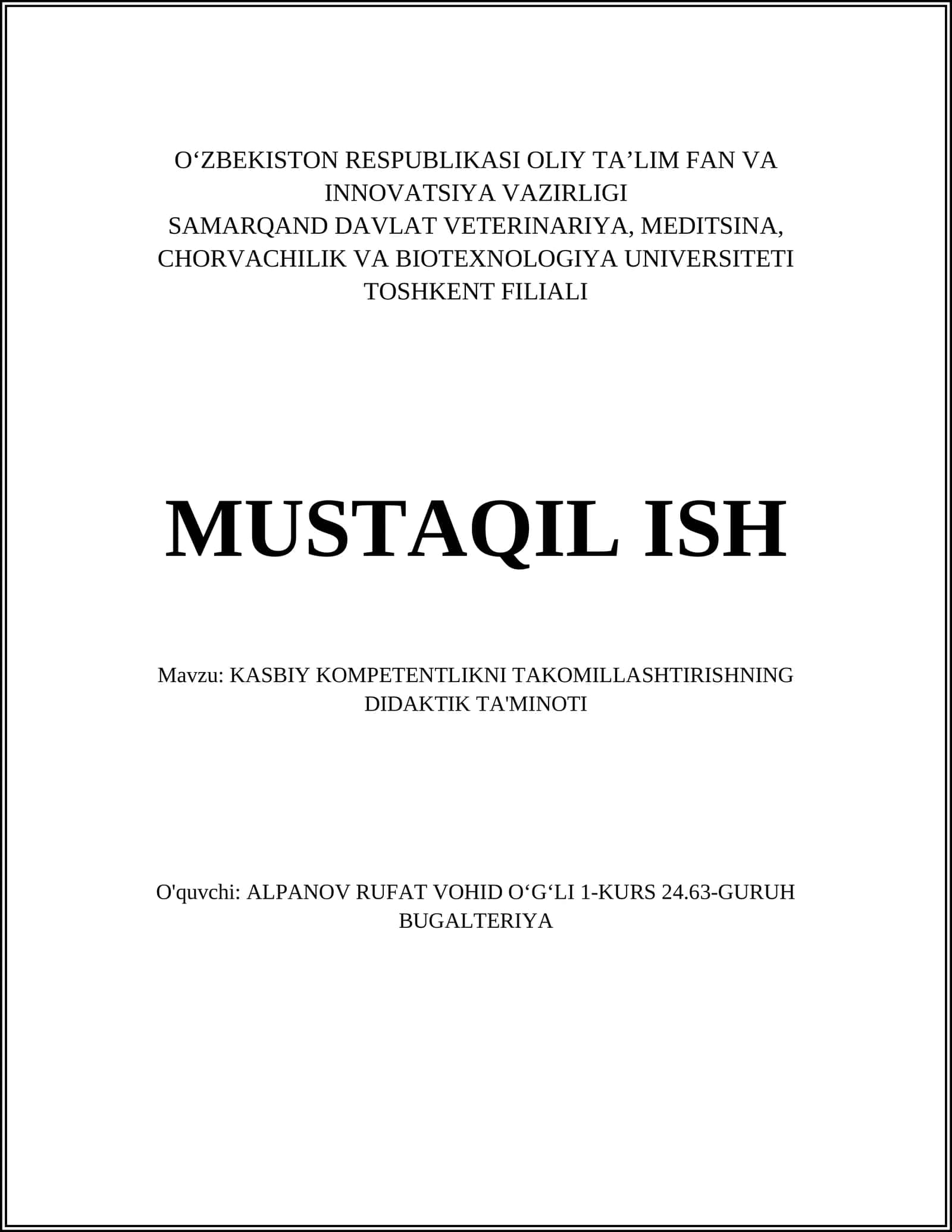 KASBIY KOMPETENTLIKNI TAKOMILLASHTIRISHNING DIDAKTIK TA'MINOTI