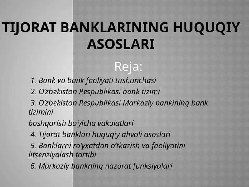 Tijorat banklarining huquqiy asoslari