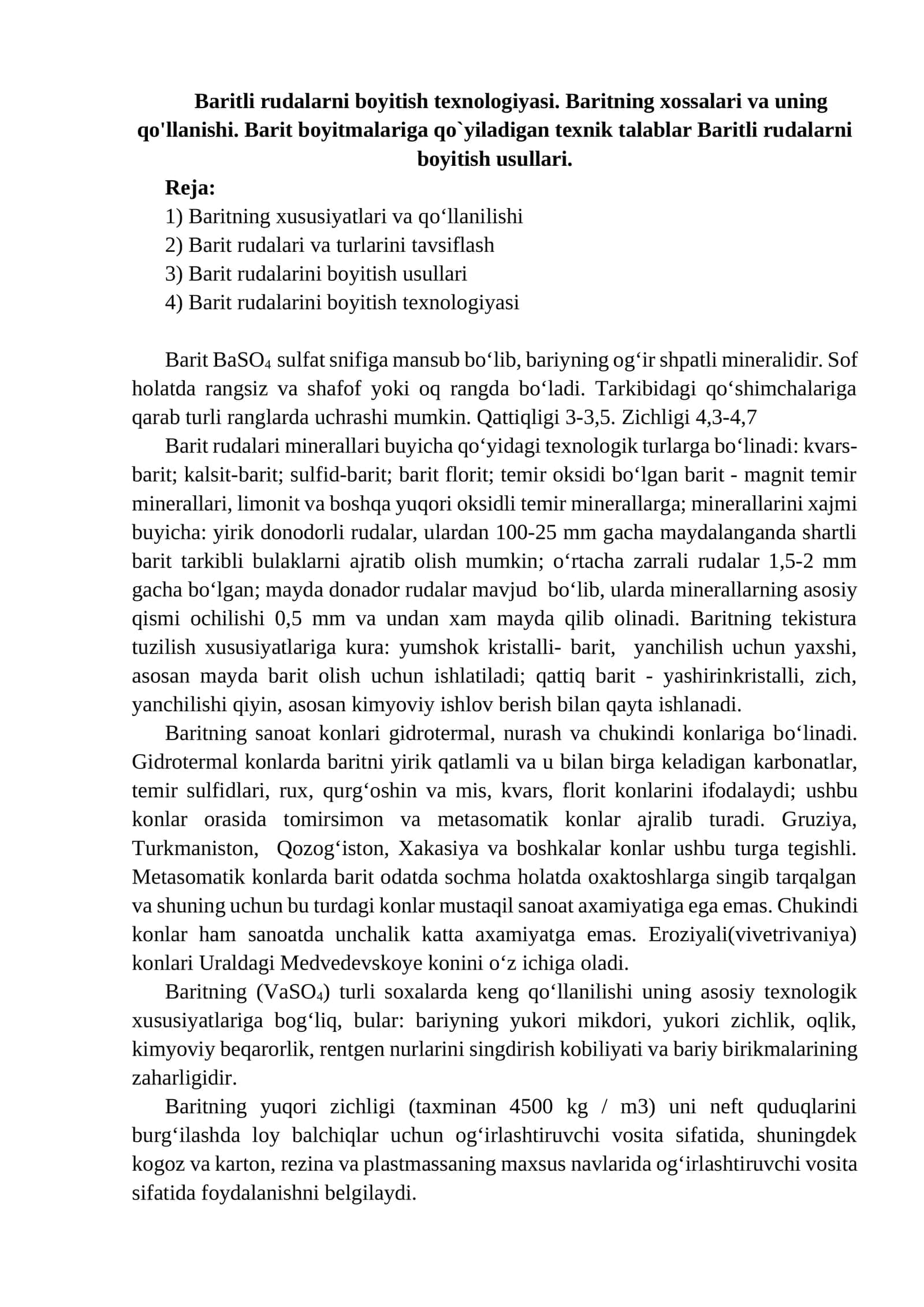 Baritli rudalarni boyitish texnologiyasi