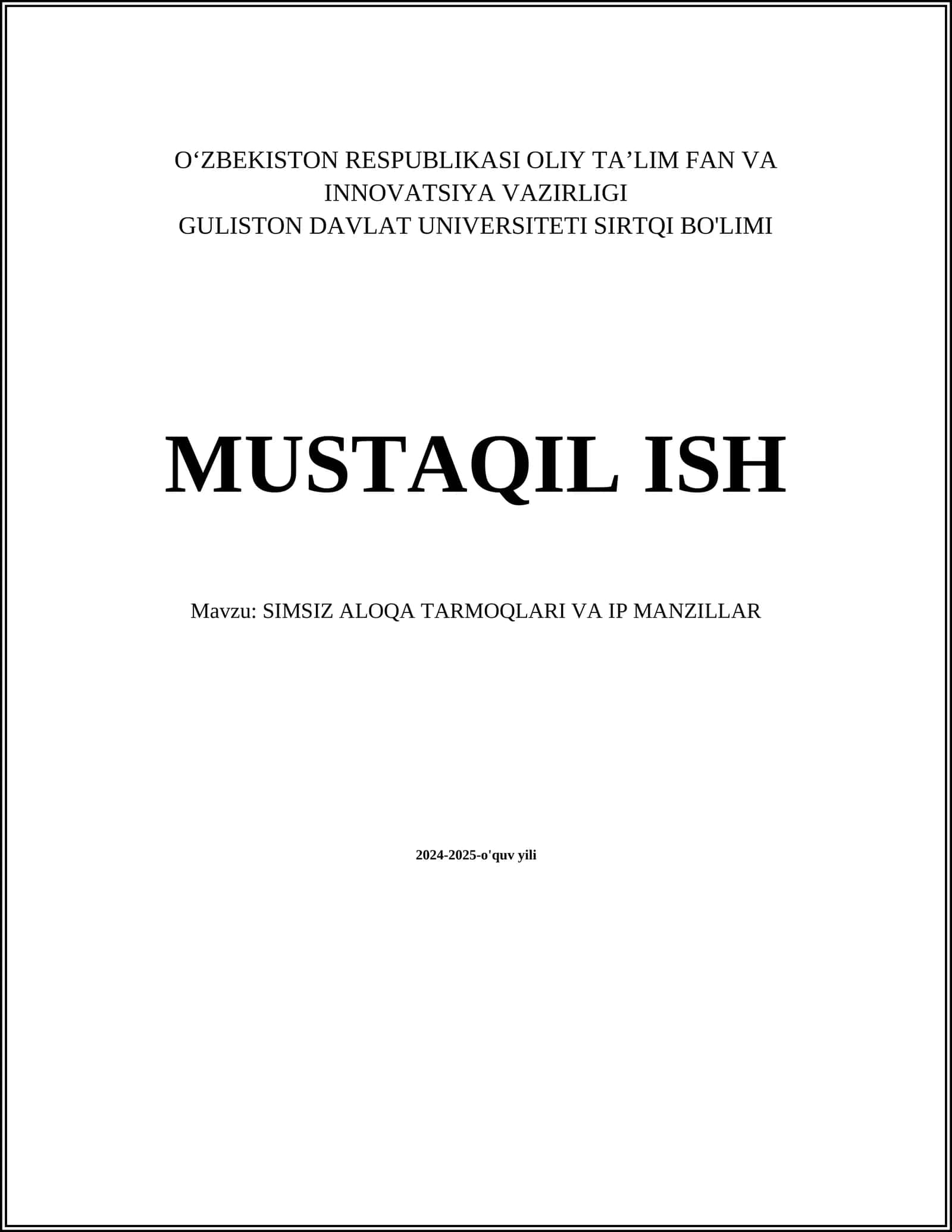 SIMSIZ ALOQA TARMOQLARI VA IP MANZILLAR