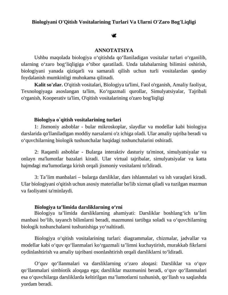 Biologiyani O'Qitish Vositalarining Turlari Va Ularni O'Zaro Bog'Liqligi