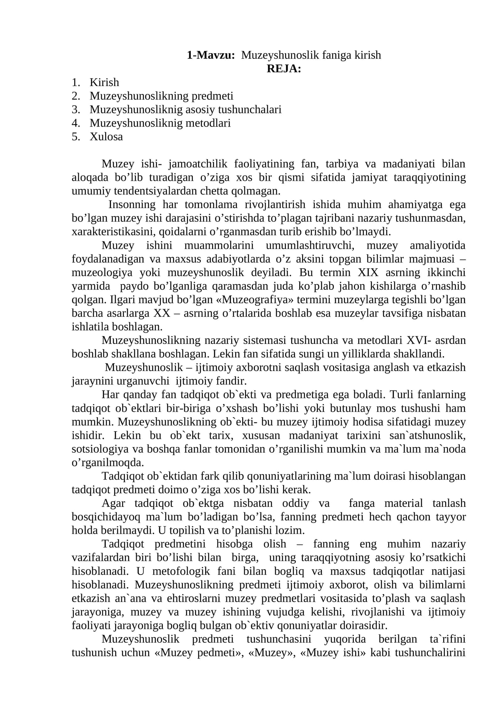 Muzeyshunoslik faniga kirish
