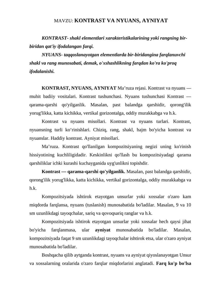 KONTRAST VA NYUANS, AYNIYAT