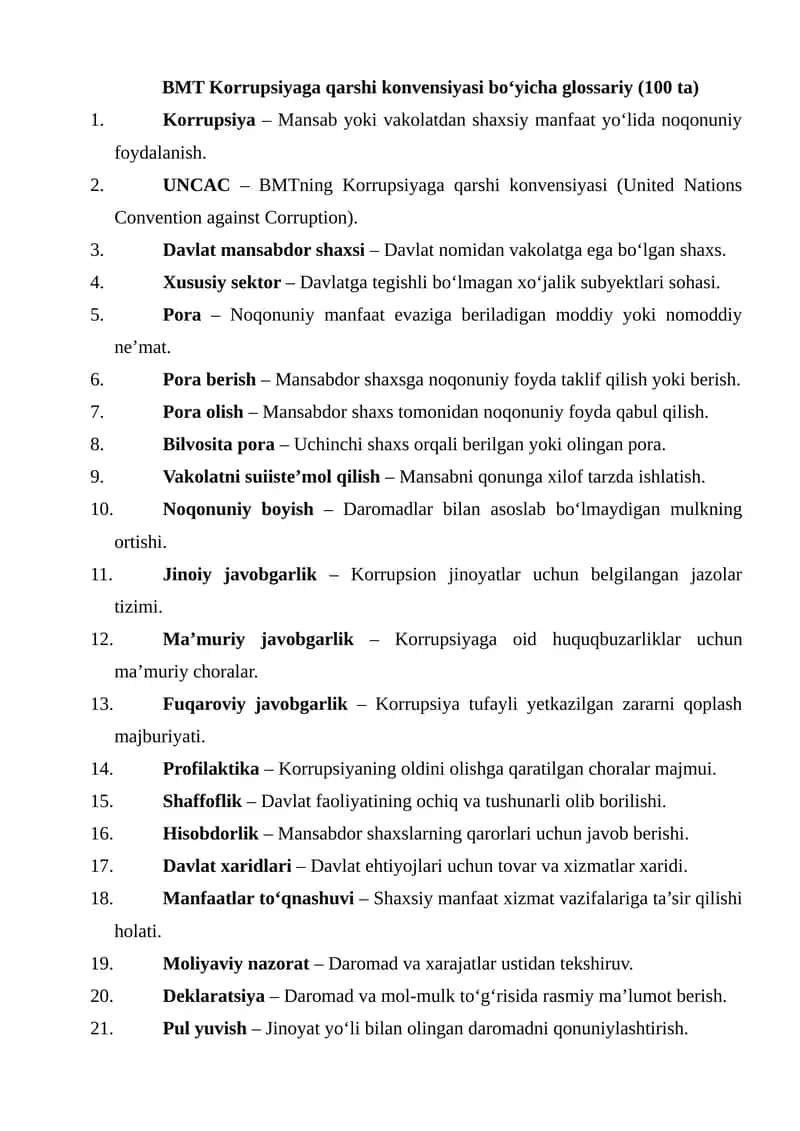 BMT Korrupsiyaga qarshi konvensiyasi bo‘yicha glossariy (100 ta)