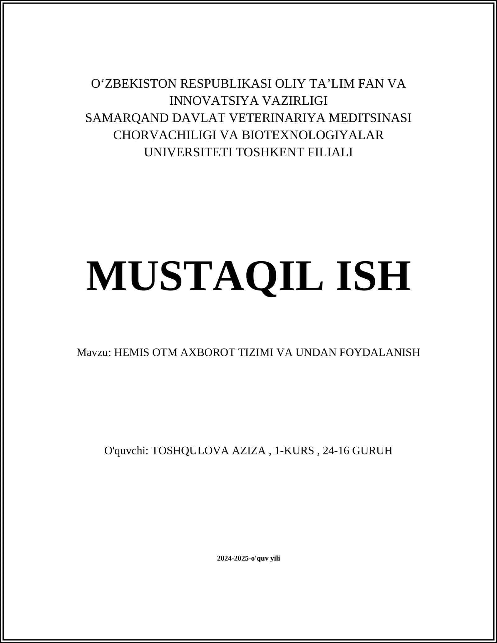 HEMIS OTM AXBOROT TIZIMI VA UNDAN FOYDALANISH