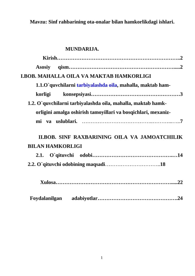 Sinf rahbarining ota-onalar bilan hamkorlikdagi ishlari