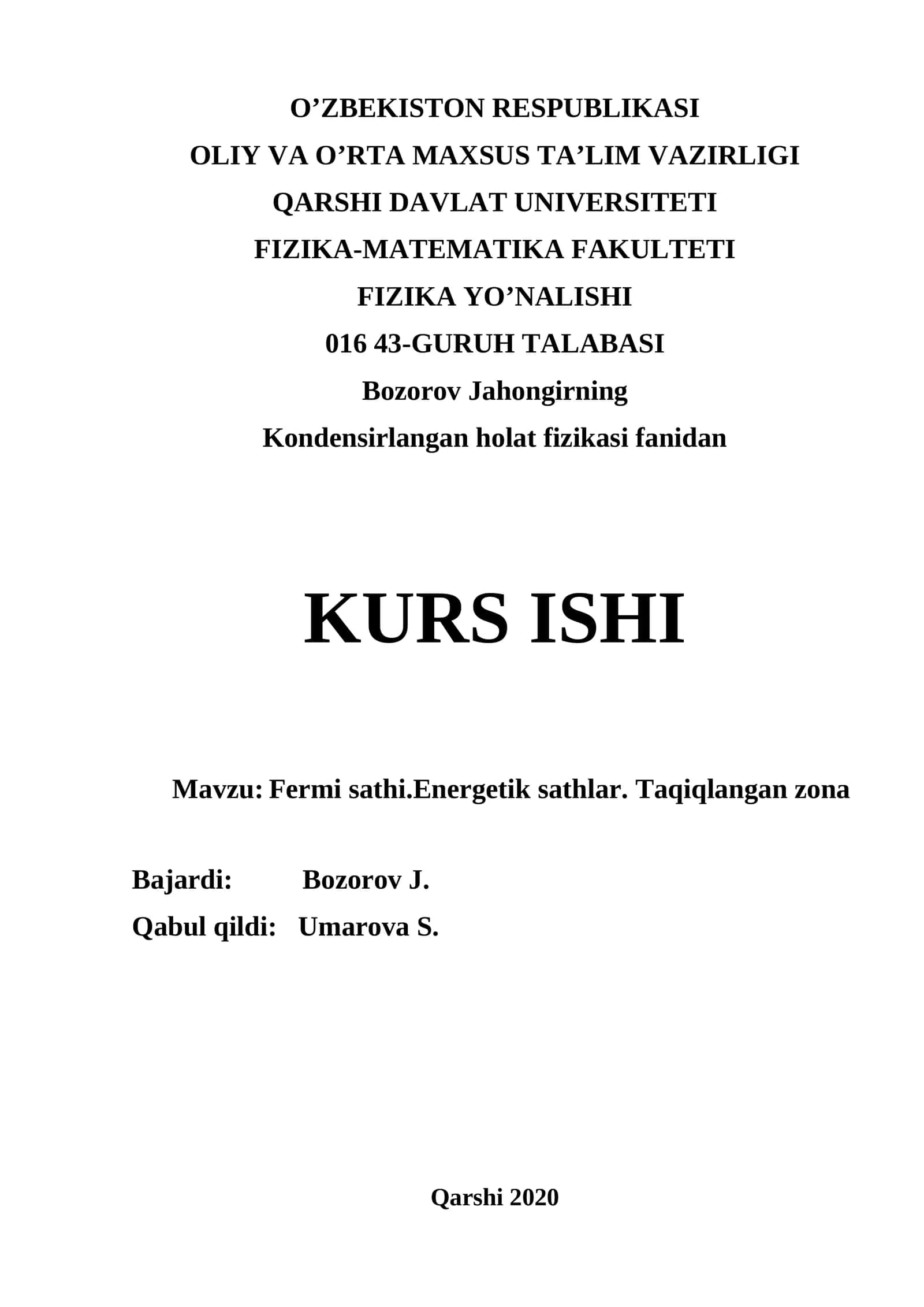Kondensirlangan holat fizikasi fanidan KURS ISHI