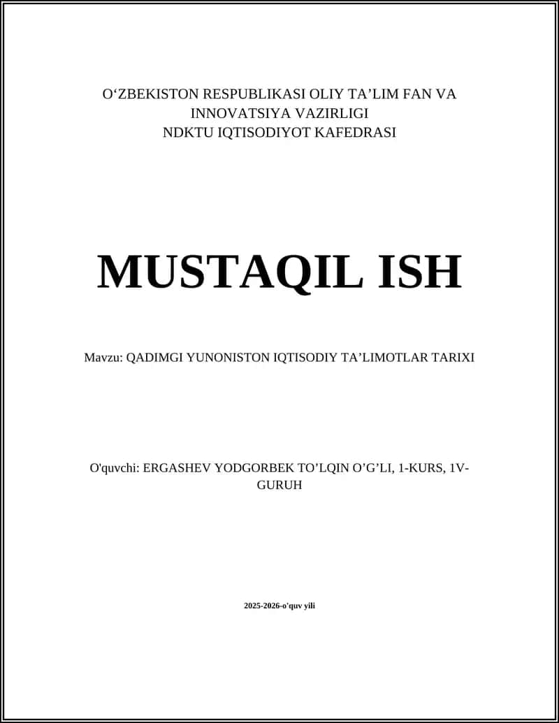 QADIMGI YUNONISTON IQTISODIY TA'LIMOTLAR TARIXI