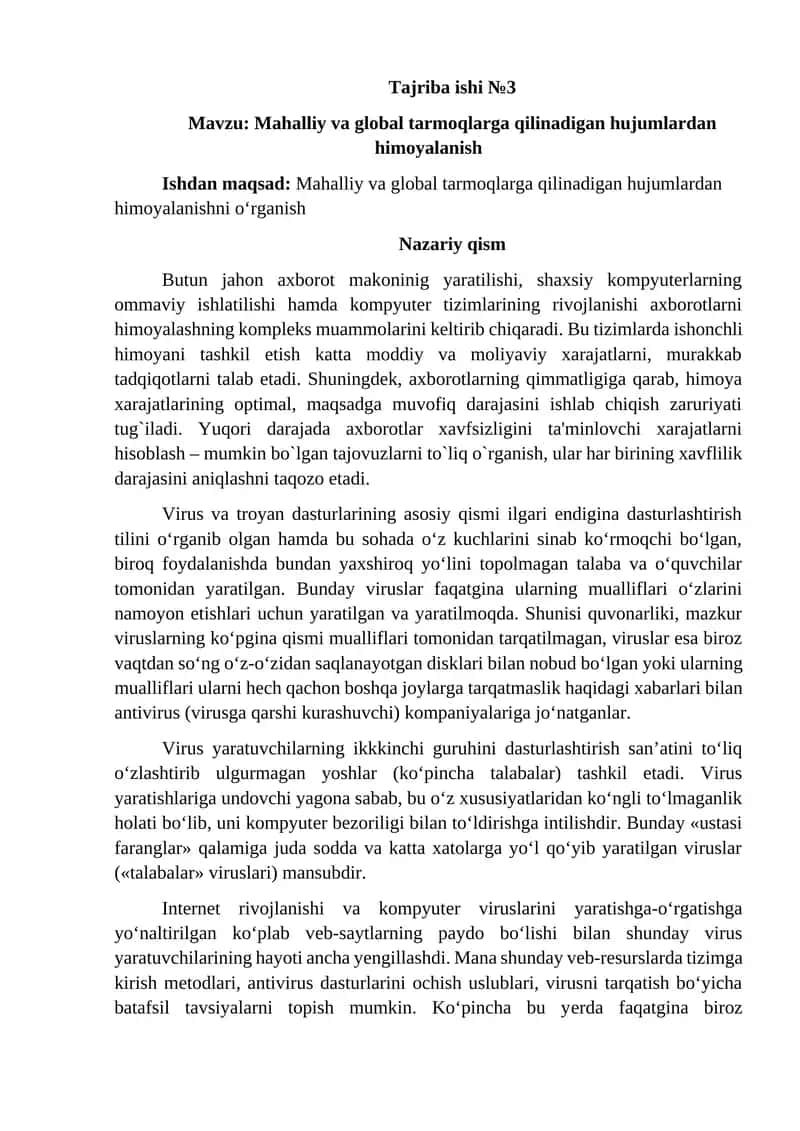 Mahalliy va global tarmoqlarga qilinadigan hujumlardan himoyalanish