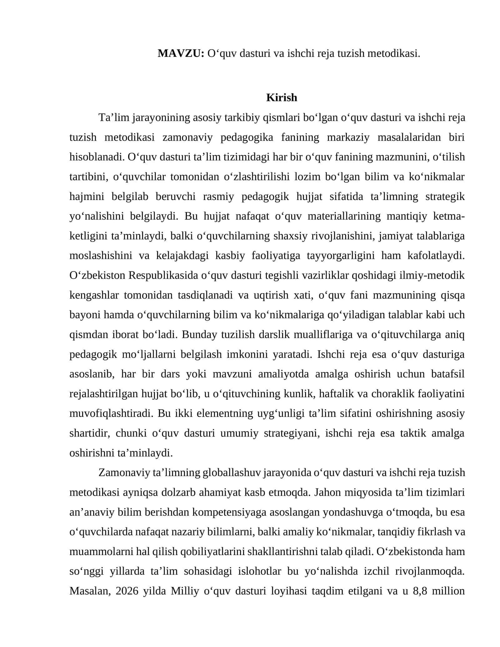O‘quv dasturi va ishchi reja tuzish metodikasi
