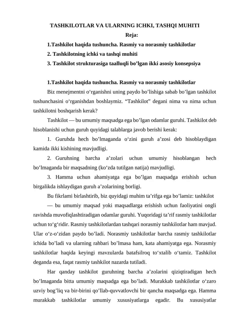 Tashkilotlar va ularning ichki, tashqi muhiti