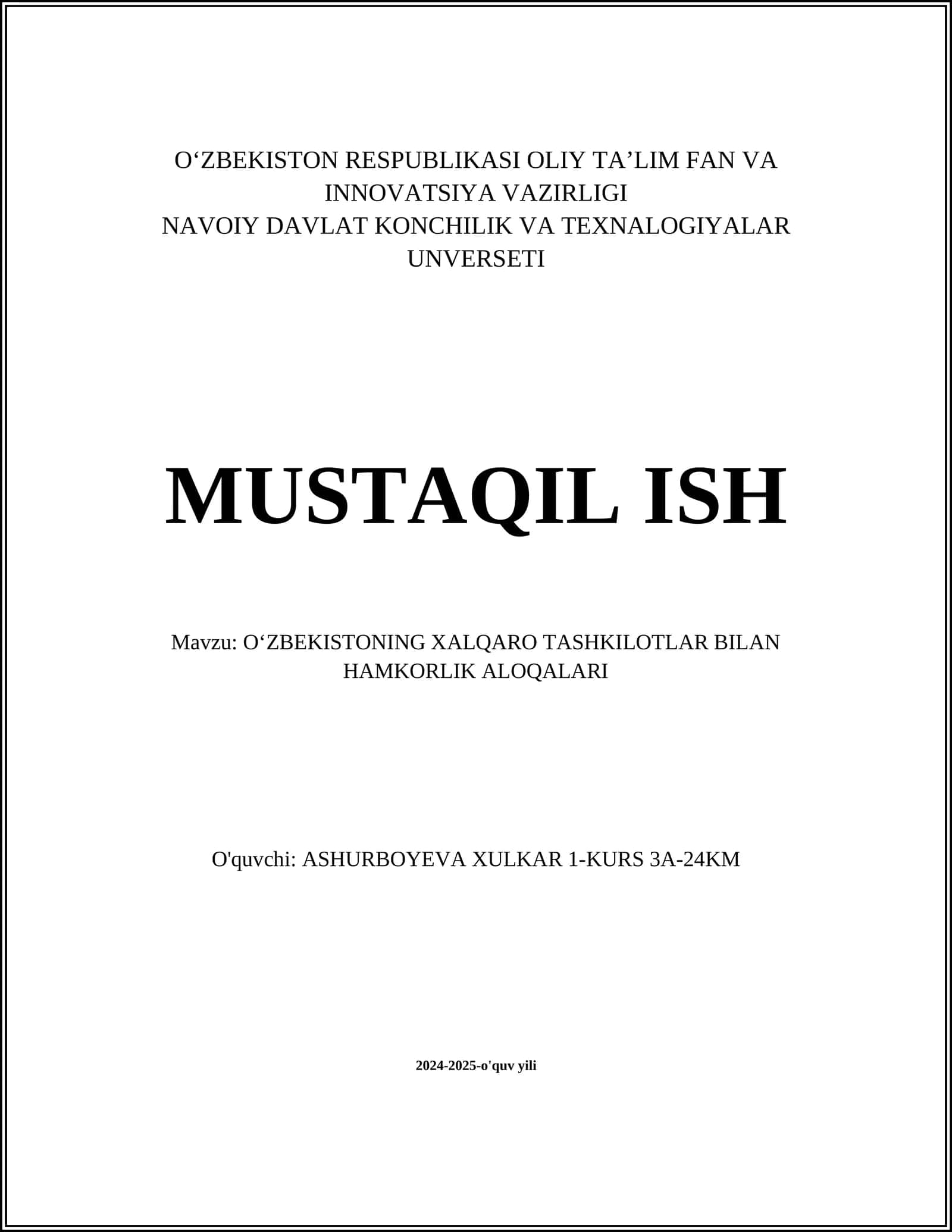 OʻZBEKISTONING XALQARO TASHKILOTLAR BILAN HAMKORLIK ALOQALARI