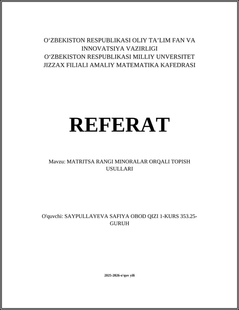 MATRITSA RANGI MINORALAR ORQALI TOPISH USULLARI