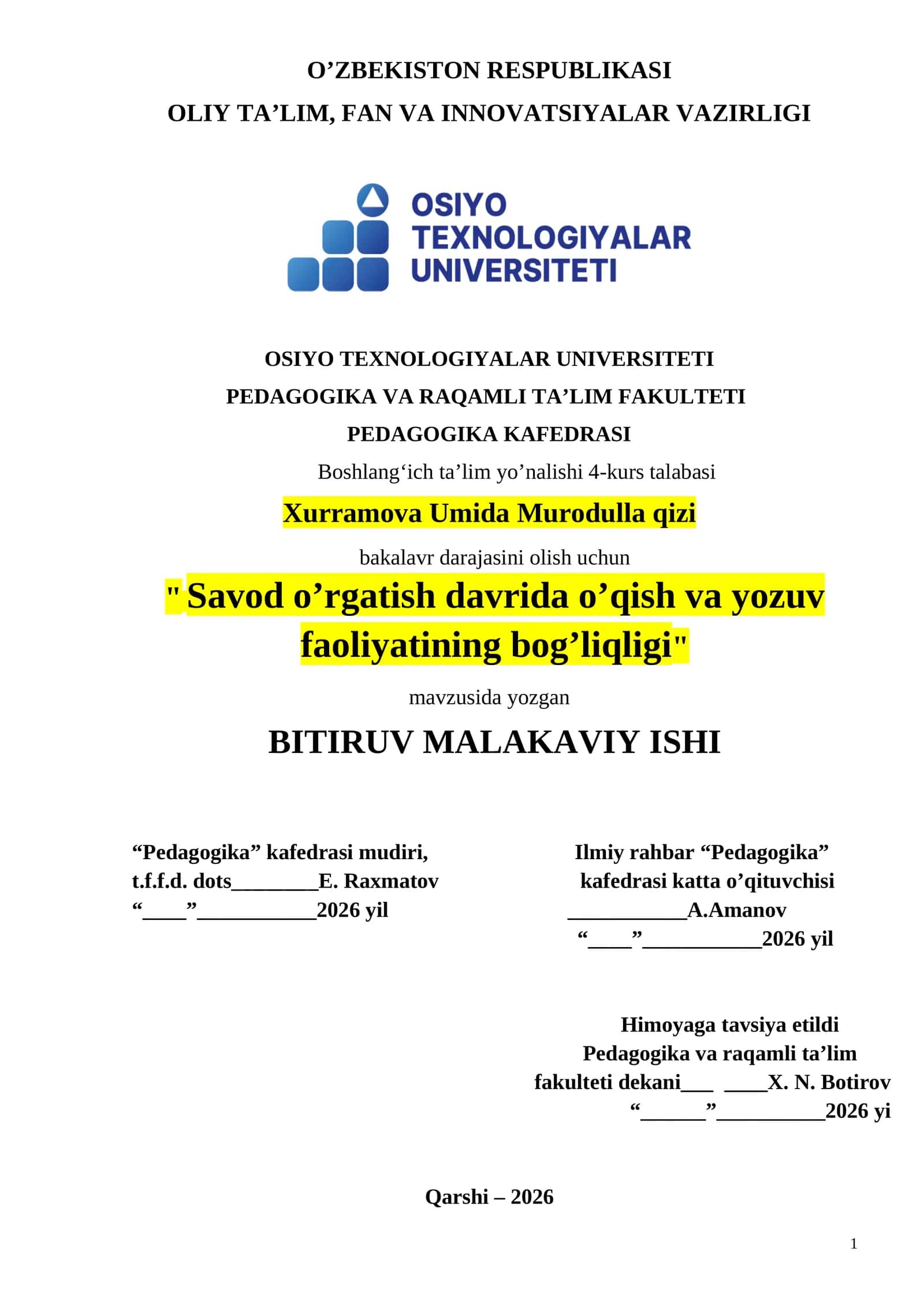 Savod o’rgatish davrida o’qish va yozuv faoliyatining bog’liqligi