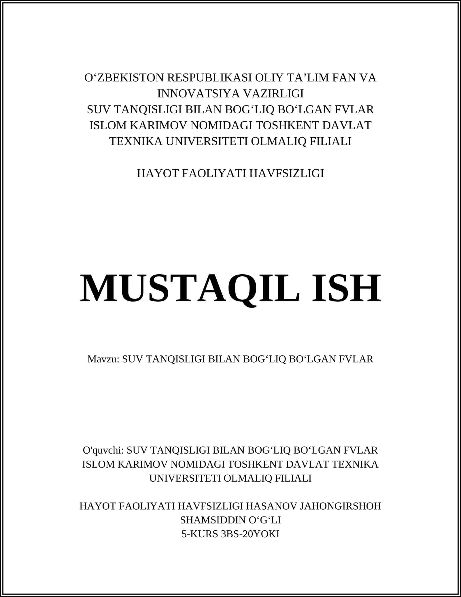 HAYOT FAOLIYATI HAVFSIZLIGI