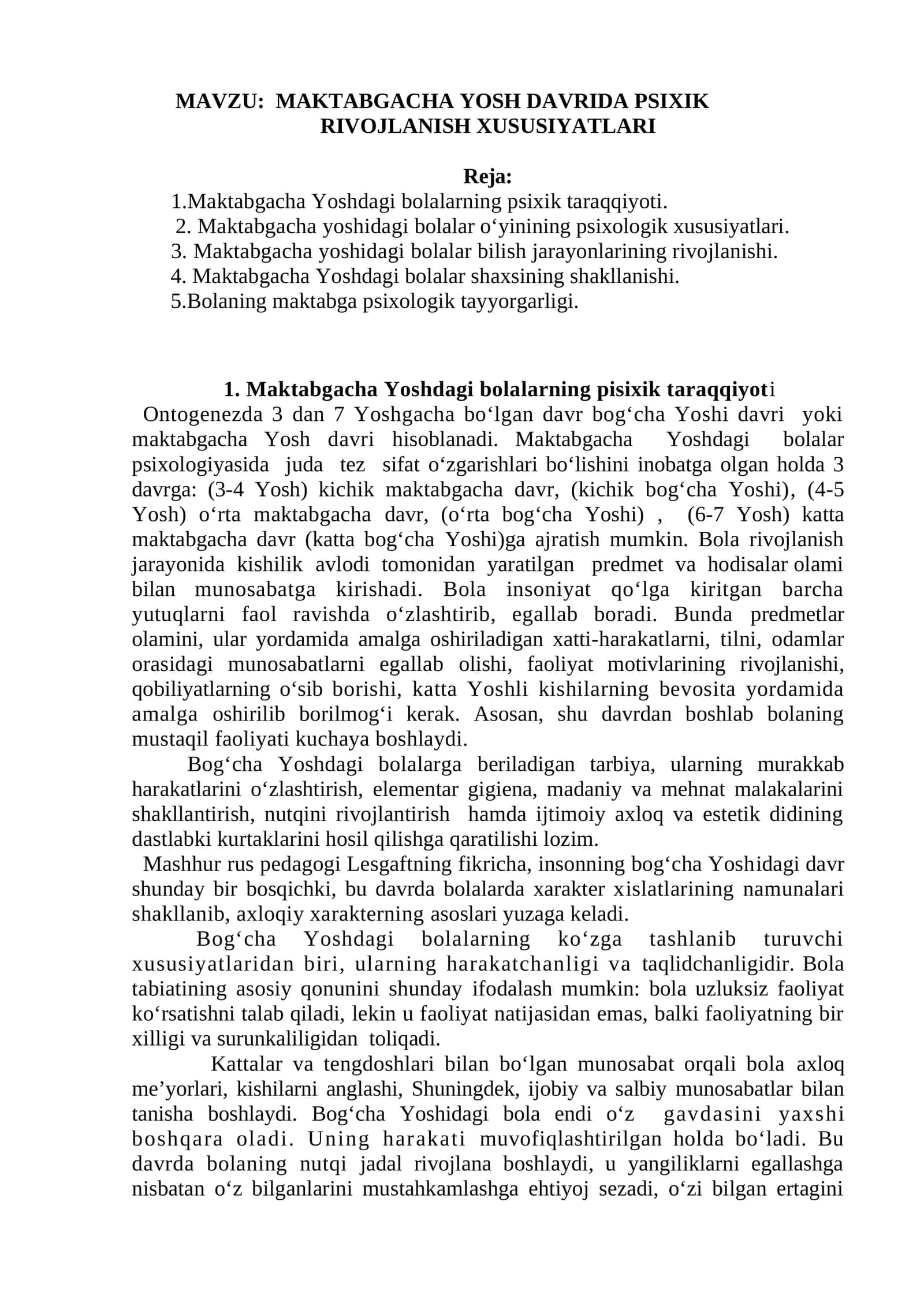 MAKTABGACHA YOSH DAVRIDA PSIXIK RIVOJLANISH XUSUSIYATLARI