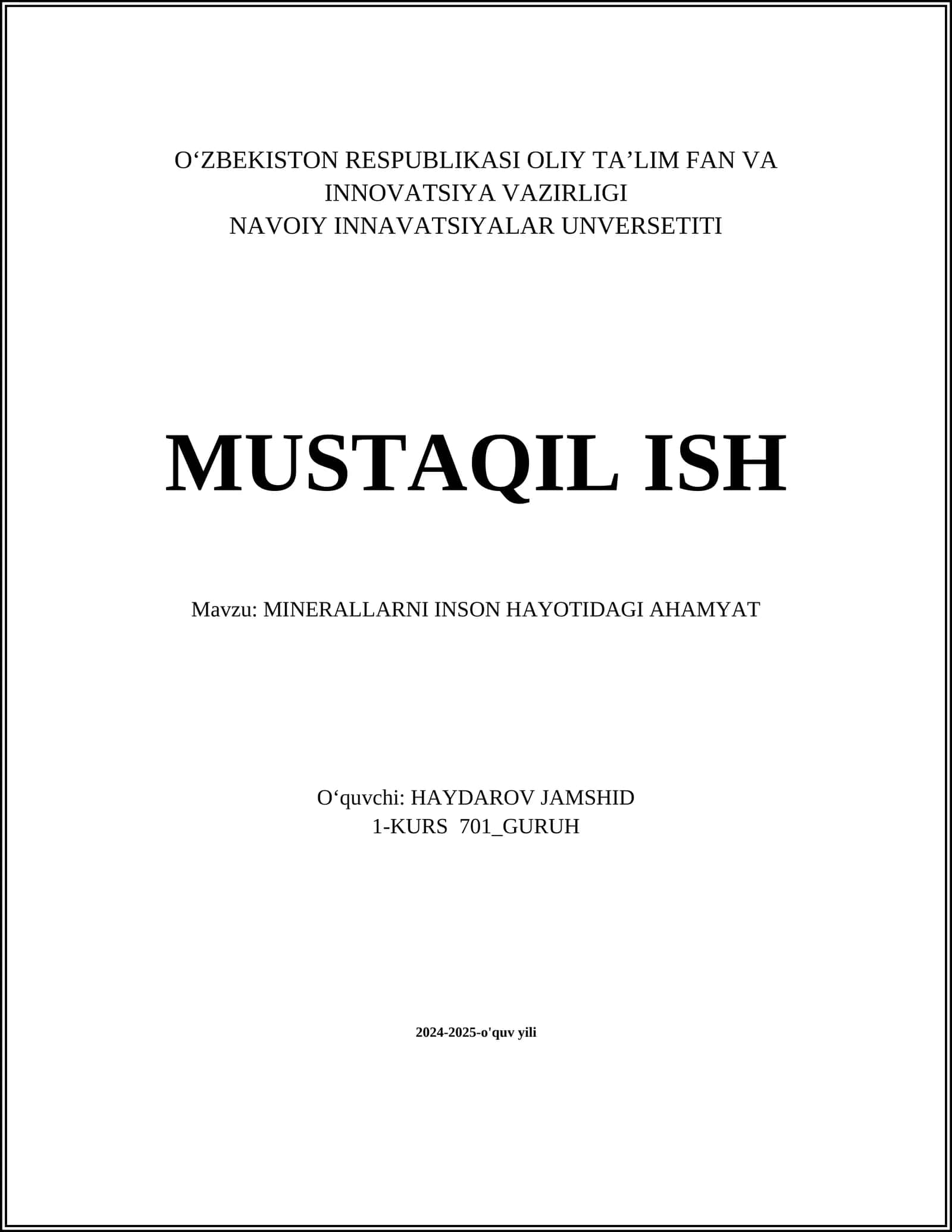 MINERALLARNI INSON HAYOTIDAGI AHAMYAT