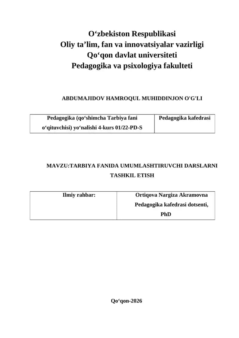 TARBIYA FANIDA UMUMLASHTIRUVCHI DARSLARNI TASHKIL ETISH