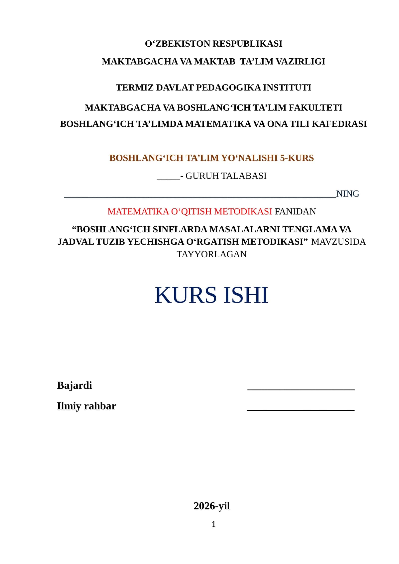MASALALARNI TENGLAMA VA JADVAL TUZIB YECHISHGA O‘RGATISH METODIKASI