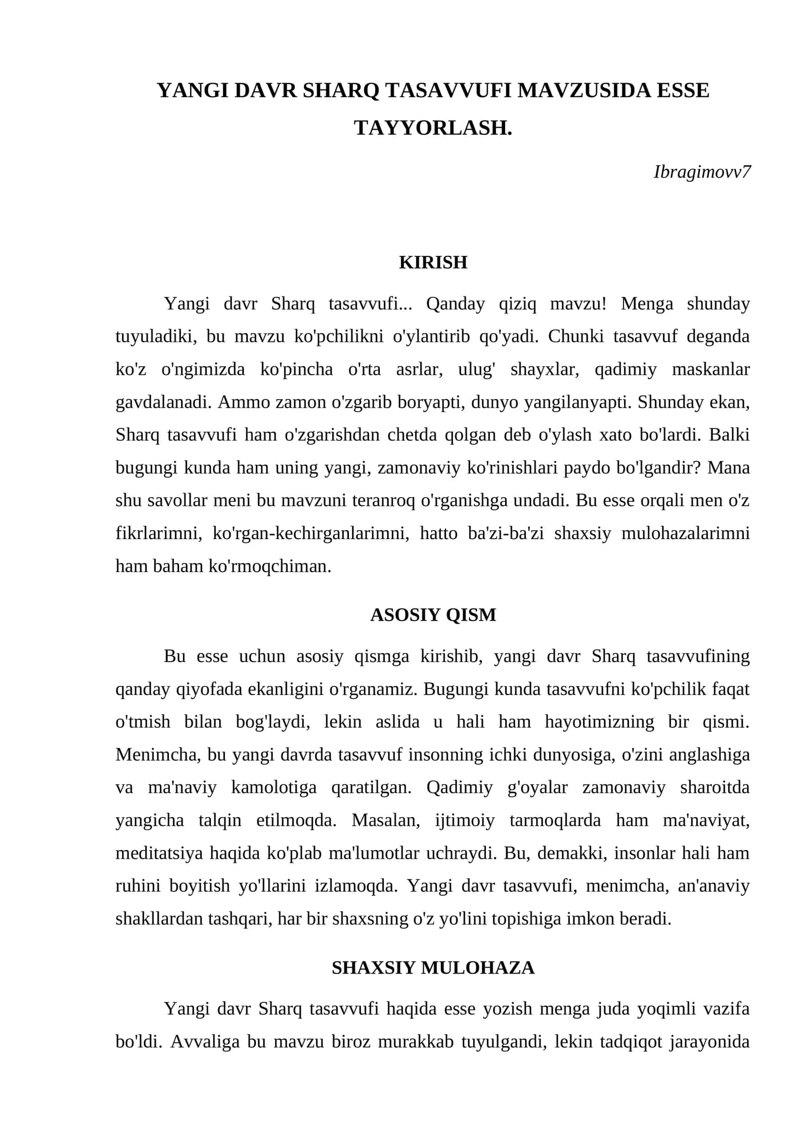 YANGI DAVR SHARQ TASAVVUFI MAVZUSIDA ESSE TAYYORLASH